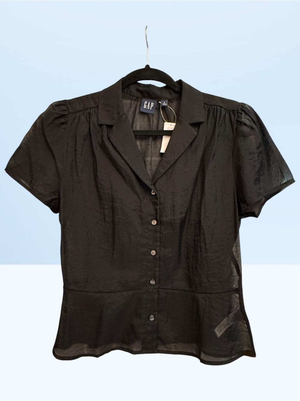GAP Black Semi Sheer Voile Peplum Button-Front Short Sleeve Top Size S NWT - Picture 5 of 8